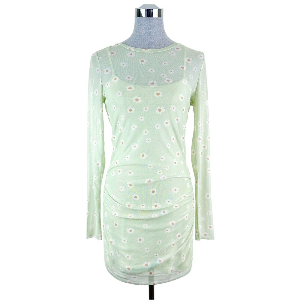 Volcom Ruched Mesh Green Daisy Long‎ sleeve Dress